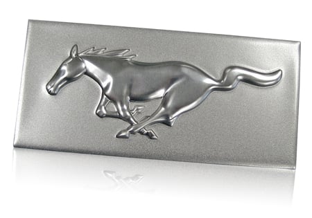 The Mustang logo is bright aluminum with a metallic silver background