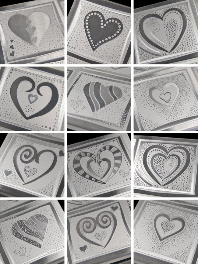 etched aluminum hearts