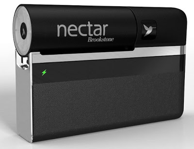 Nectar Charger, embossed chrome mylar, embossed polyester, matte black background