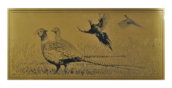 pheasants etched brass plaque