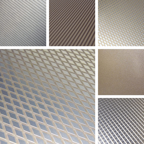 Infusion Surface Collection | textured pinstripes and diamond patterns on aluminum