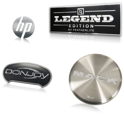 Aluminum nameplates featuring spins, stripes and brushed background